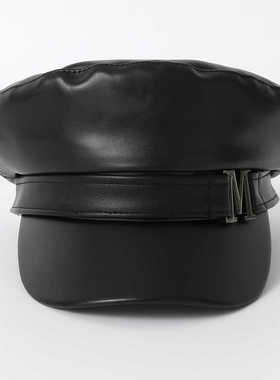 日系百搭平顶帽子女潮英伦pu皮海军帽复古百搭纯色贝雷帽黑色皮帽