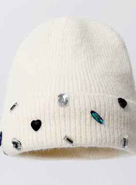 新款时尚水钻毛线帽子女秋冬季保暖堆堆冷帽大脸显脸小针织护耳帽