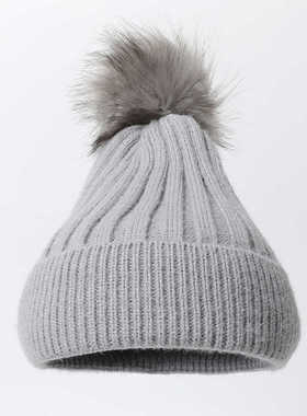 韩国产妇月子帽秋冬超大狐狸毛球帽子女保暖羊毛混纺针织帽毛线帽