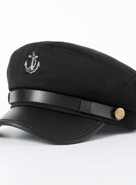 秋冬季显脸小潮酷水手帽黑色英伦复古平顶帽船锚重工海军风贝雷帽