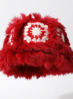车厘子红真兔毛针织护耳女毛绒保暖冬季圣诞过年红色帽子百搭盆帽