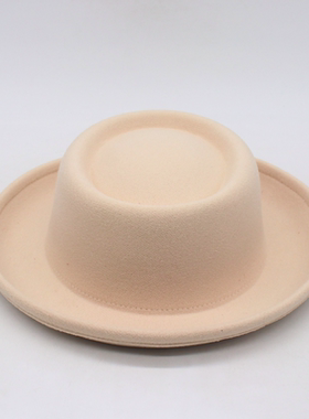 法式欧美秋冬新款时尚简约白色凹凸顶礼帽女士休闲毛呢毡礼帽