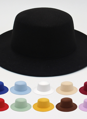 秋冬韩版情侣毛呢帽大檐绅士百搭爵士礼帽复古英伦风男女士平顶帽