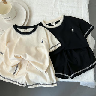 儿童套装男童夏季短袖T恤薄款纯棉女孩黑色运动休闲2件套宝宝短裤