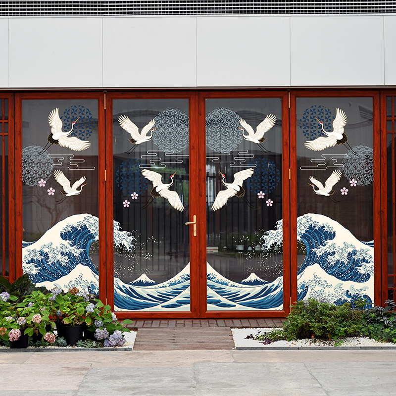 日式海浪仙鹤玻璃门套装饰贴画日本料理居酒屋餐厅橱窗浮世绘复古图片
