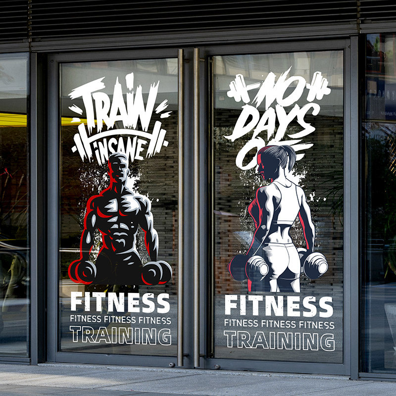 搏击健身FITNESS创意海报玻璃贴画静电无胶肌肉猛男美女撸铁插画