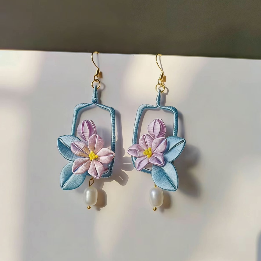 星绘道手工花朵耳环女蓝色几何造型小众轻奢耳饰