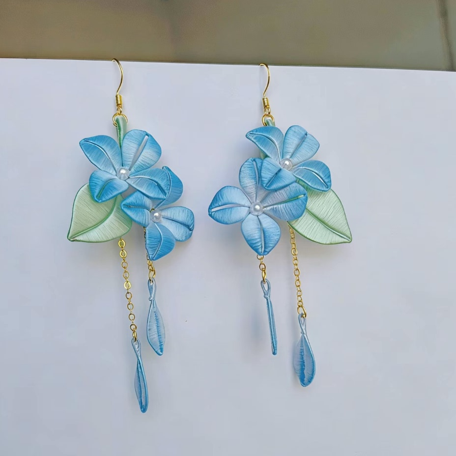 星绘道蓝色花朵流苏耳环女小清新温柔百搭长款耳饰