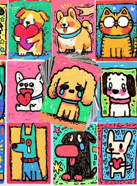 114张艺术猫咪防水贴画可爱猫猫狗狗贴纸卡通插画多巴胺装饰彩绘