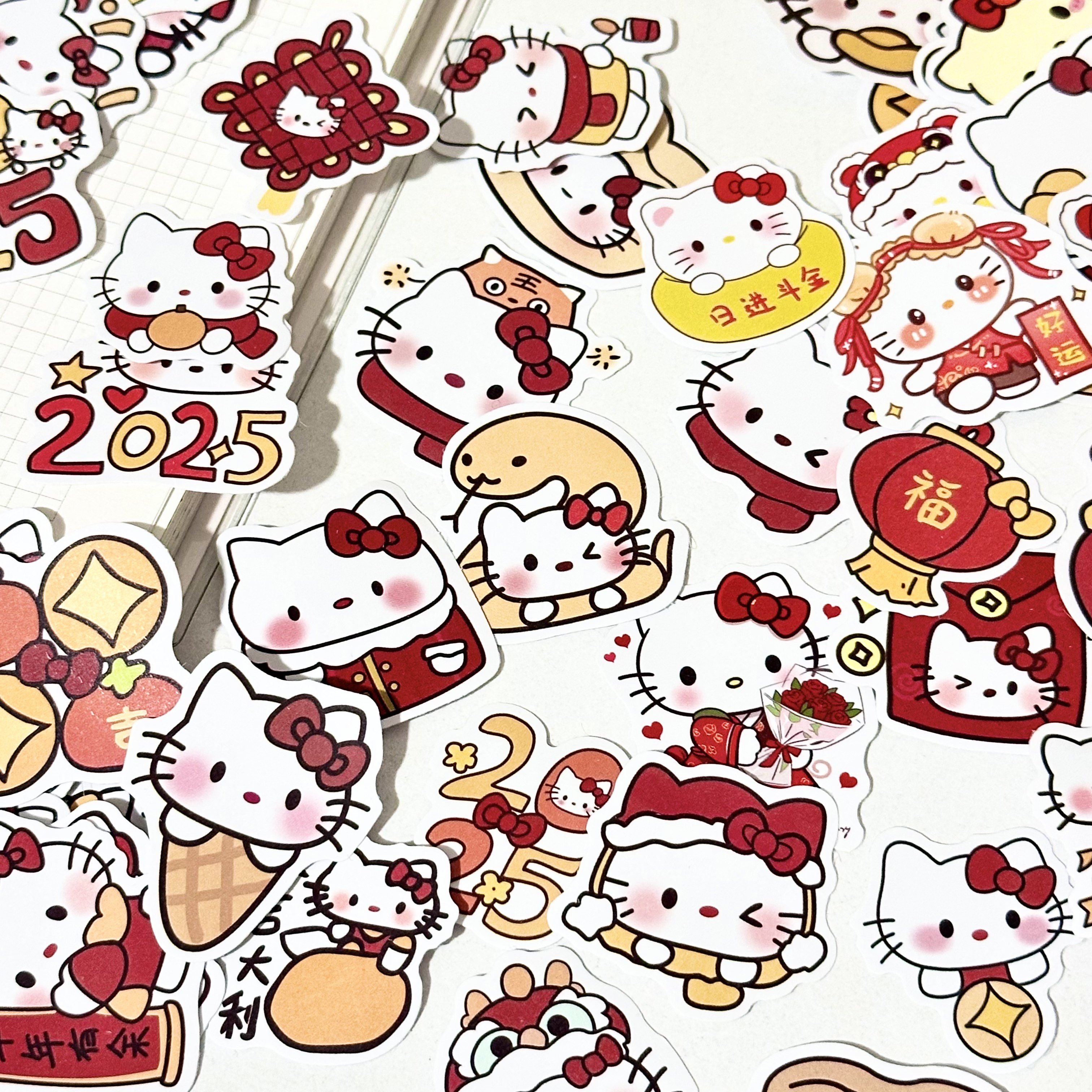 100张手机贴画防水爆款新年卡通kitty猫贴纸喜庆可爱kt猫装饰水杯