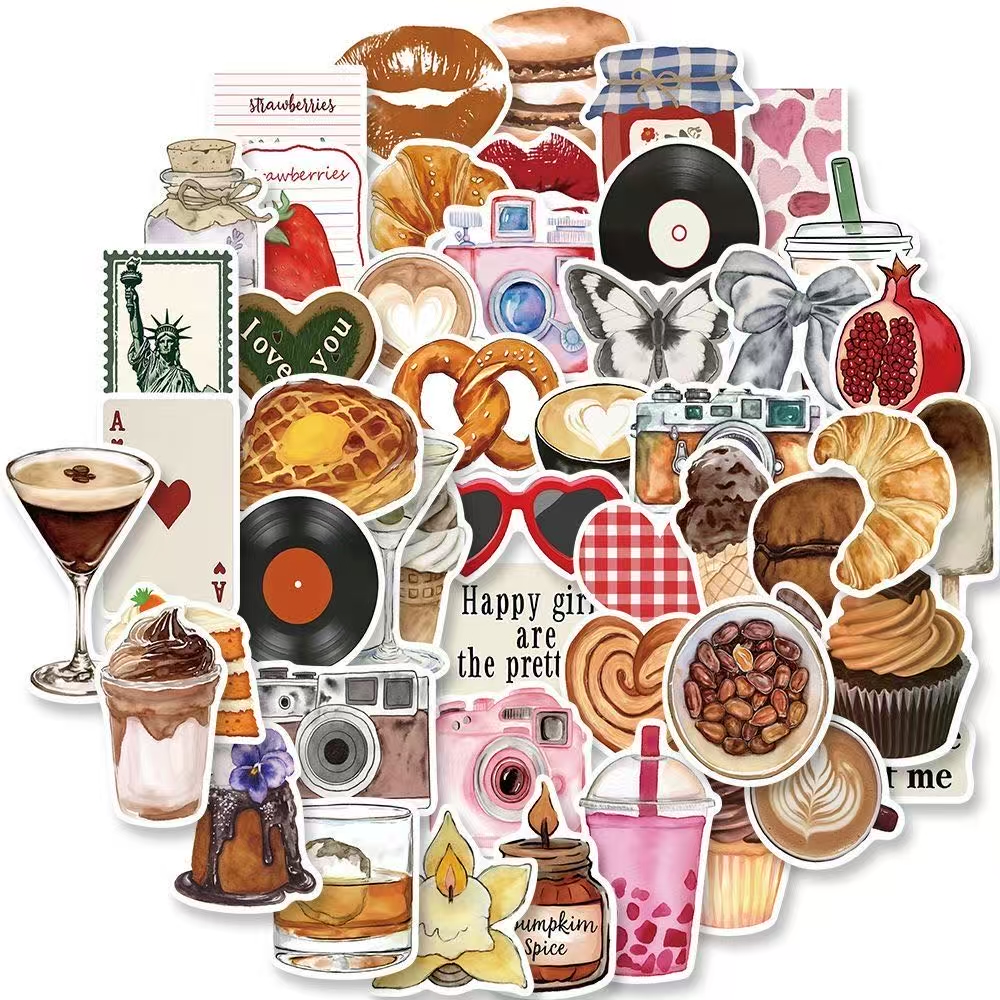 100张高颜值复古装饰美食物品手账贴纸手机装饰创意贴画diy防水