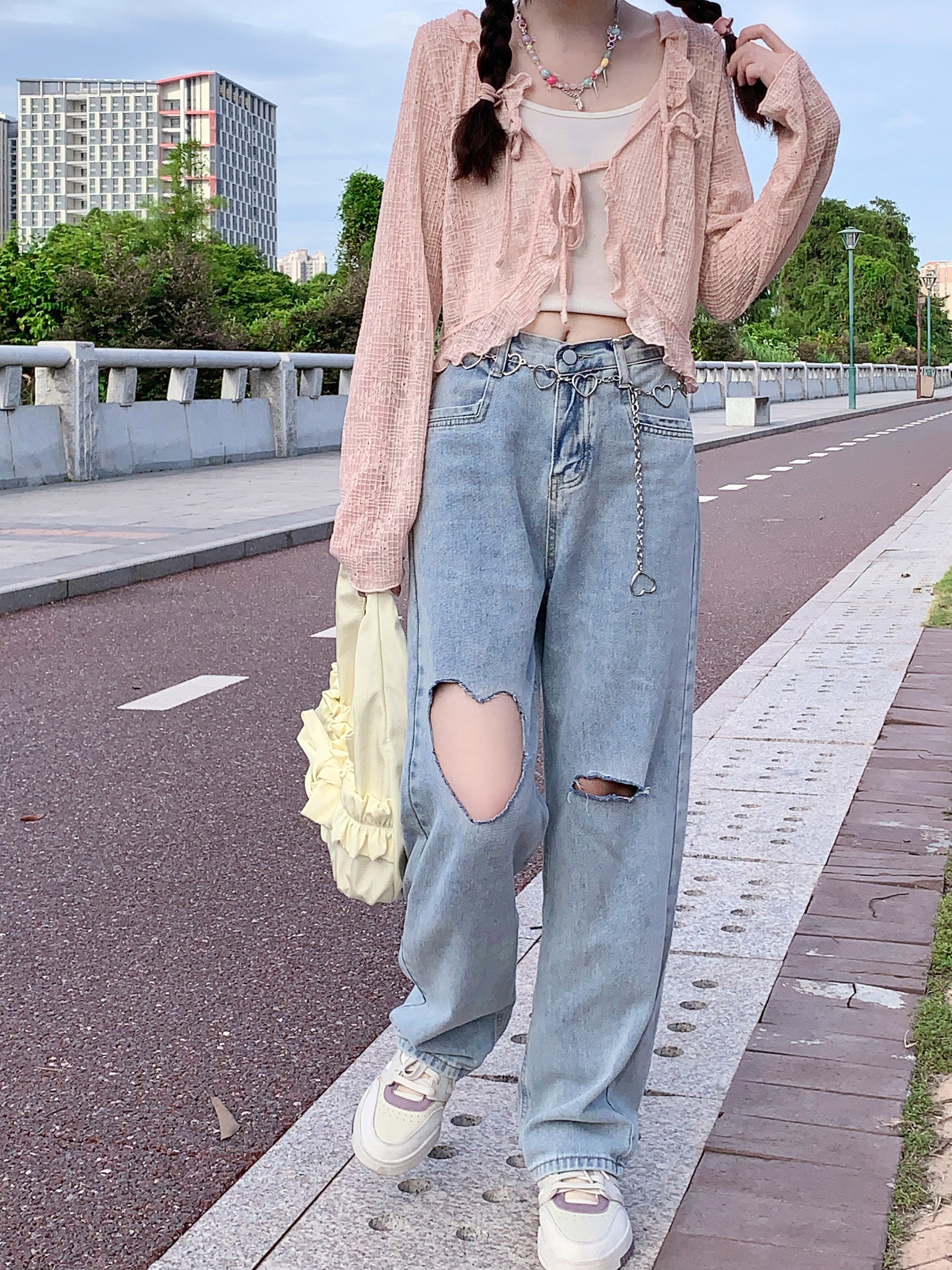 【翻斗花园】高腰破洞阔腿牛仔裤女春秋直筒浅色百搭显瘦高拖地裤