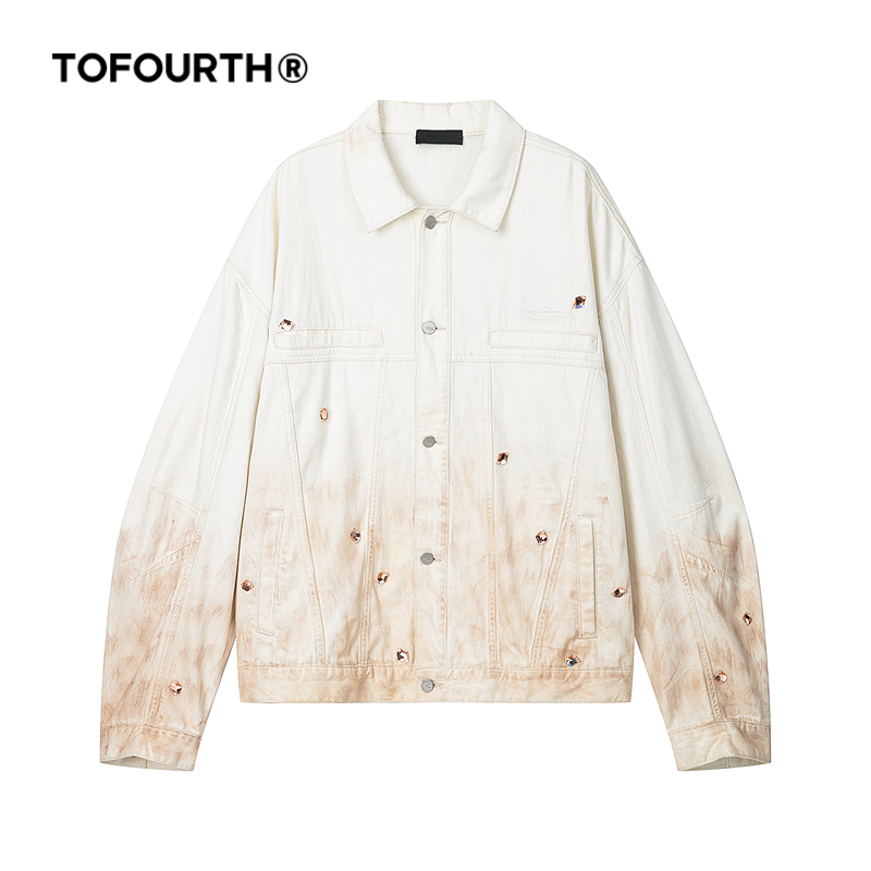 TOFOURTH镶钻刺绣做脏渐变上衣