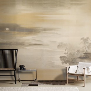 电视背景墙布壁布现代中式 山水壁画 意境山水卧室客厅墙纸壁布日式