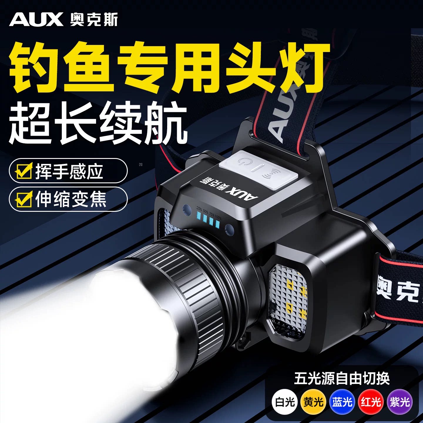 奥克斯头灯钓鱼专用感应超长续航超亮头戴式强光充电夜钓照明新款