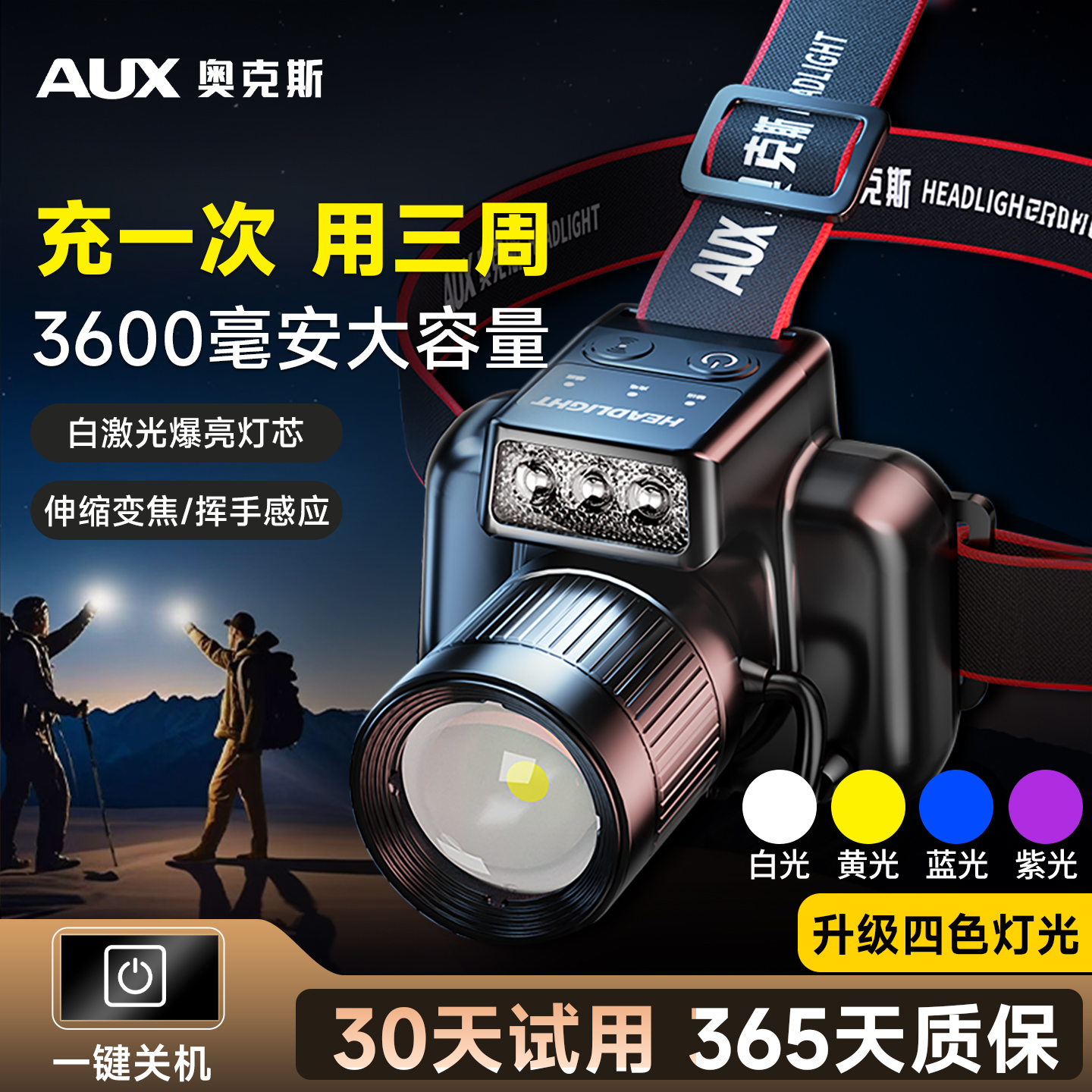 夜钓头灯四色光源锂电池持久续航