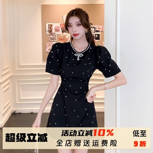 小香风法式领面钉钻蝴蝶结泡泡袖连衣裙高级感镂空收腰显瘦小黑裙