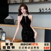 修身 法式 赫本风重工镶钻亮片丝绒连衣裙宴会晚礼服无袖 包臀短裙女