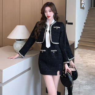 法式小香风小个子套装裙秋冬季新款气质短外套吊带连衣裙两件套女