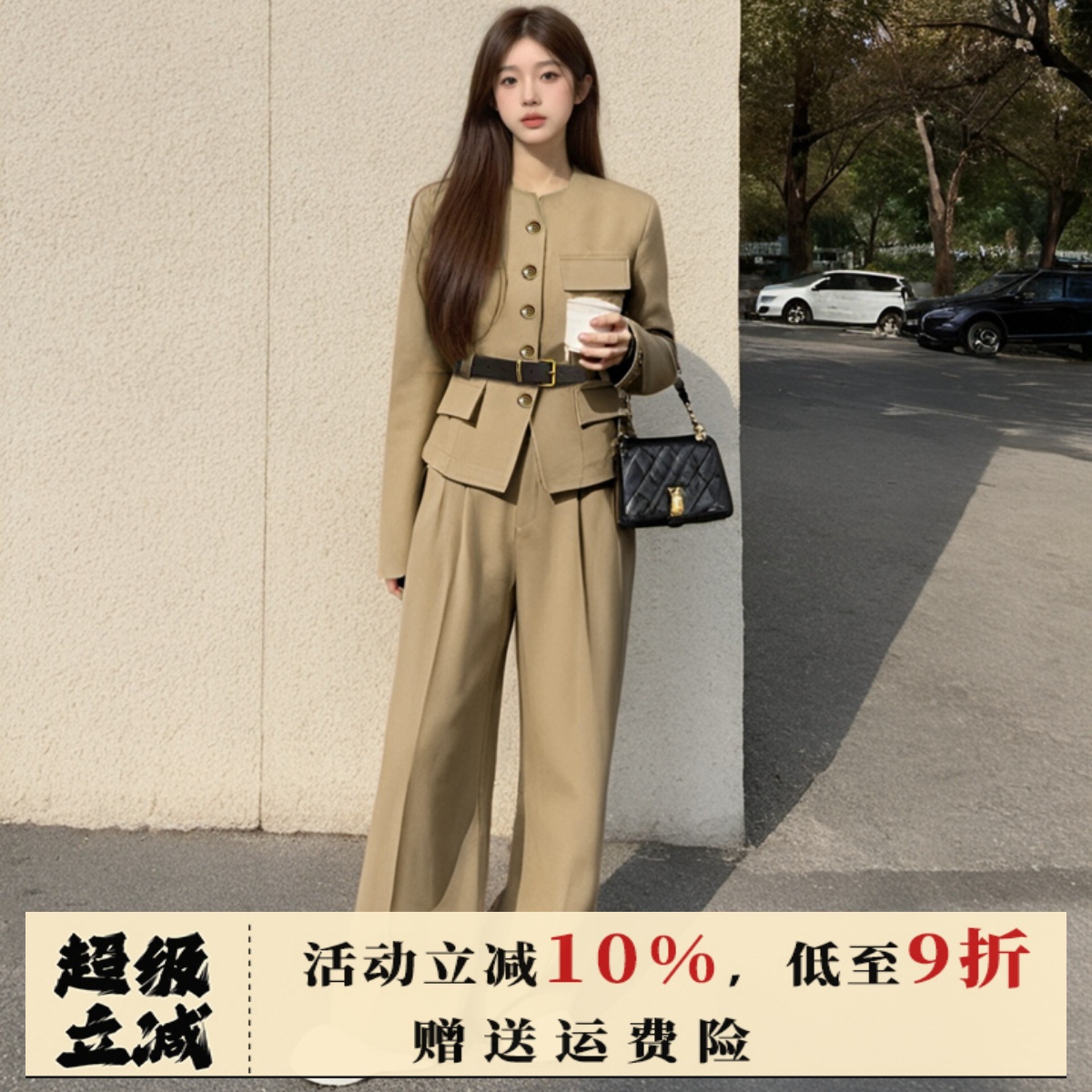 2025春季新款老钱风职业套装裤子女宽松通勤极简西装阔腿裤两件套