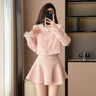 高级感富家千金粉色外套短裙小礼服两件套秋冬新款小香风套装裙女