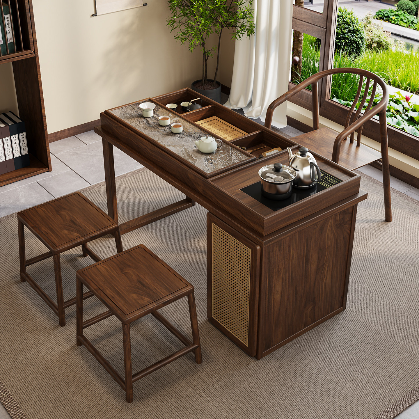 新中式阳台小型茶桌椅组合客厅家用板材桌面泡茶台多功能实木茶几