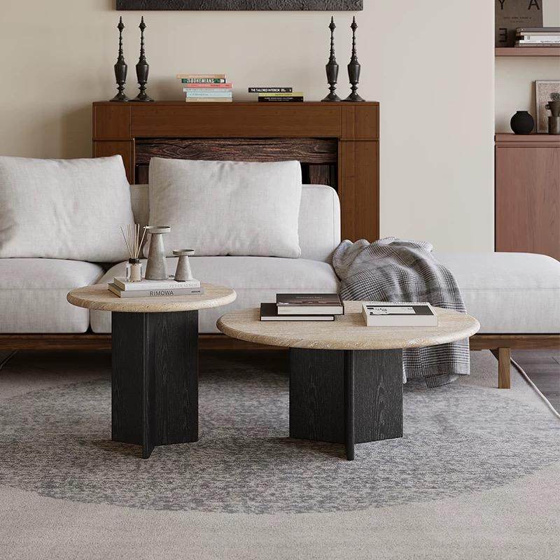 天然洞石茶几大小圆形组合客厅沙发实木边几角几侘寂风小户型茶桌