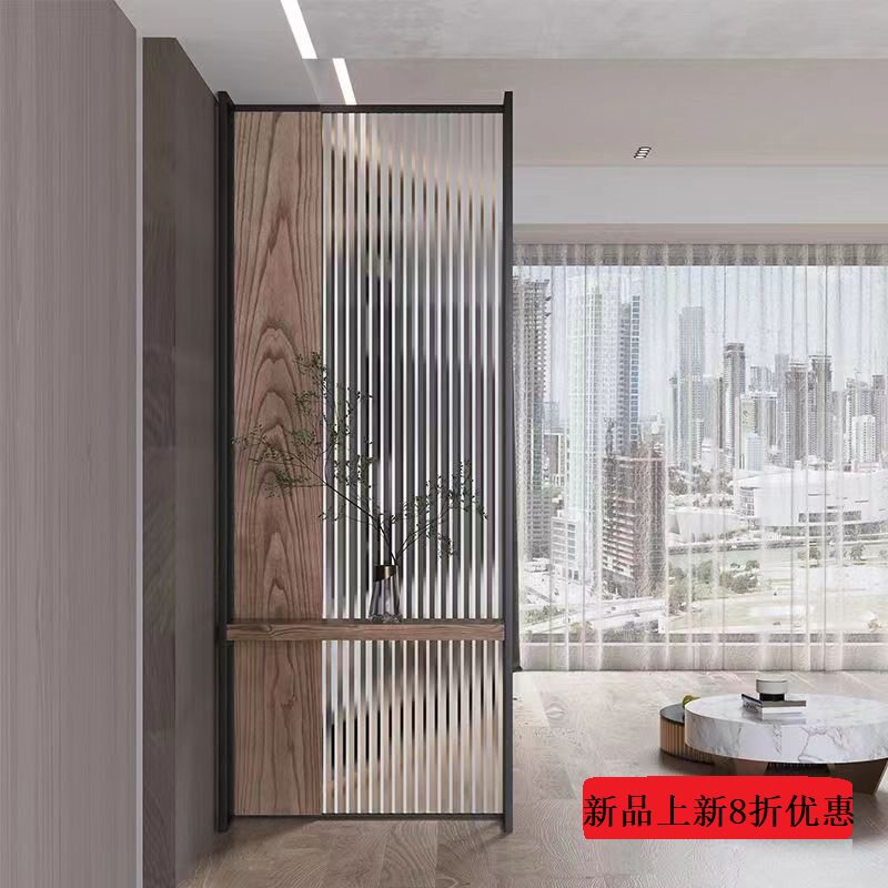 轻奢入户客厅铁艺屏风长虹玻璃遮挡实木玄关隔断墙置物架卧室装饰