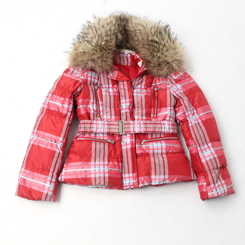 红色格子桑蚕丝白鸭绒女貉子毛领