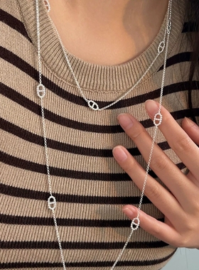 S925纯银猪鼻子项链女时尚简约冷淡风秋冬长短款毛衣链高级感甜美