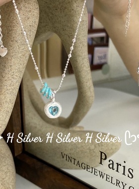 S925纯银韩系ins清冷感蓝色爱心项链百搭个性轻奢优雅颈链气质潮