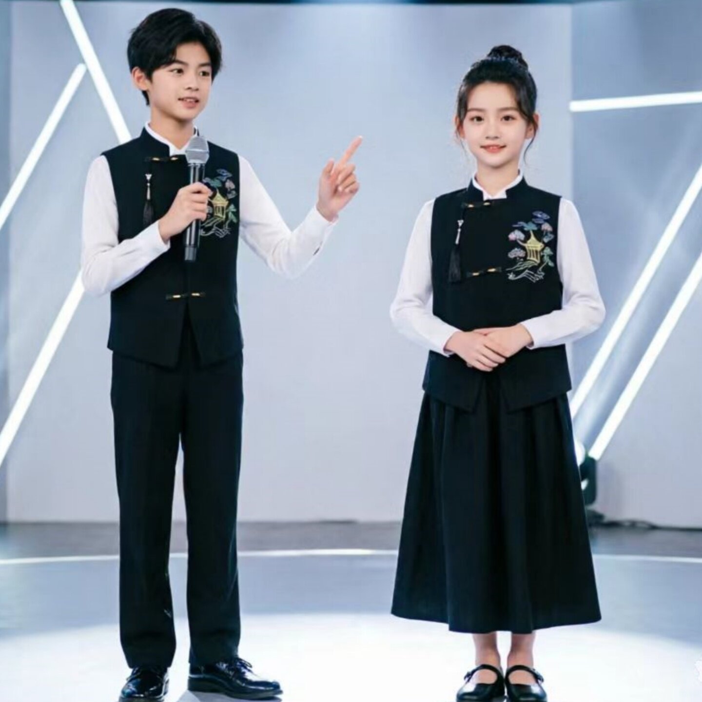 中国风儿童合唱演出服初中生朗诵小学生班服秋季马甲套装主持礼服图片