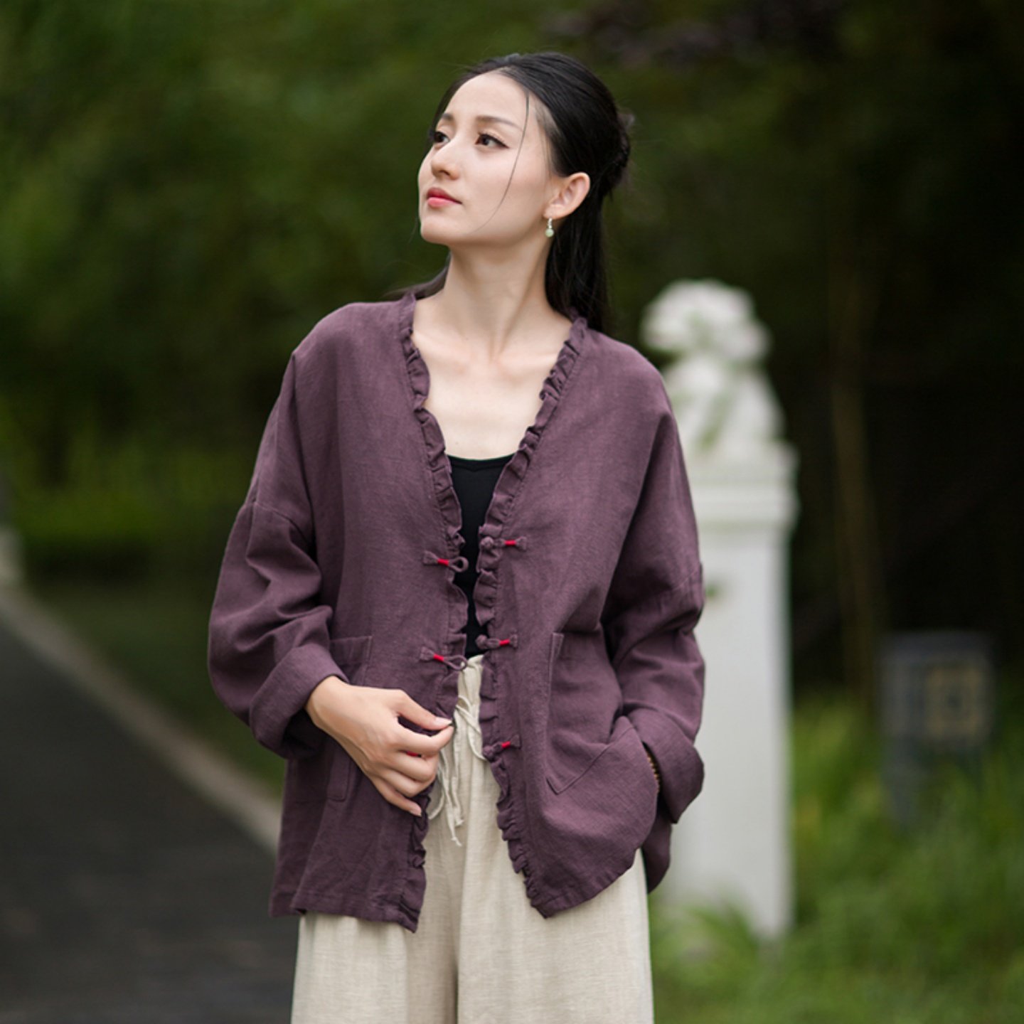 新中式棉麻衬衫女原创苎麻长袖V领宽松开衫花边盘扣上衣禅意茶服