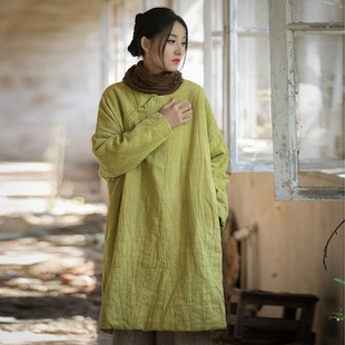 新中式棉麻扎染夹棉棉袄女冬季新款苎麻加厚棉服禅意宽松茶服棉袍