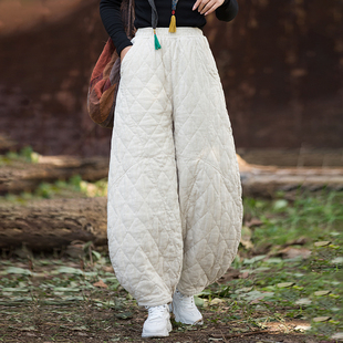 女外穿 夹棉棉裤 棉麻加厚保暖灯笼裤 原创复古苎麻绗缝菱形格长裤