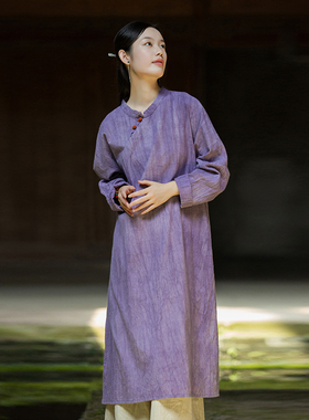 棉麻斜襟连衣裙女春夏新款原创复古女装宽松遮肉盘扣立领旗袍裙