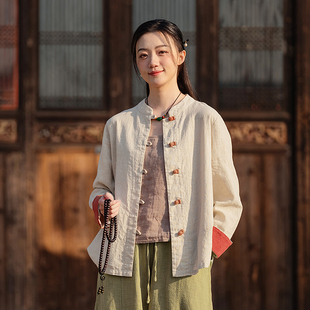 衬衣 国风复古禅意茶服国风开衫 高端棉麻拼色盘扣衬衫 上衣女新中式