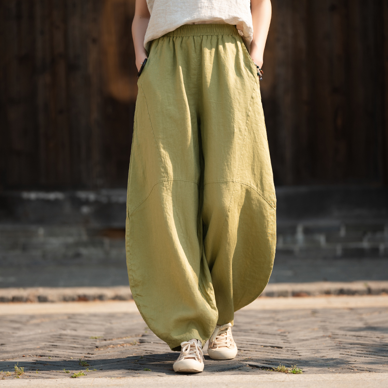 全亚麻薄款灯笼裤女全麻长裤子