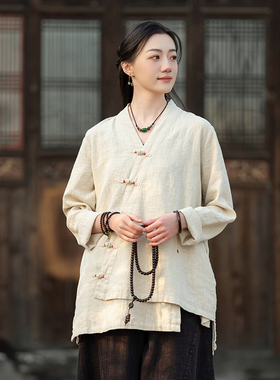 棉麻上衣女2025新款原创新中式女装斜襟V领禅意茶服苎麻衬衫外套