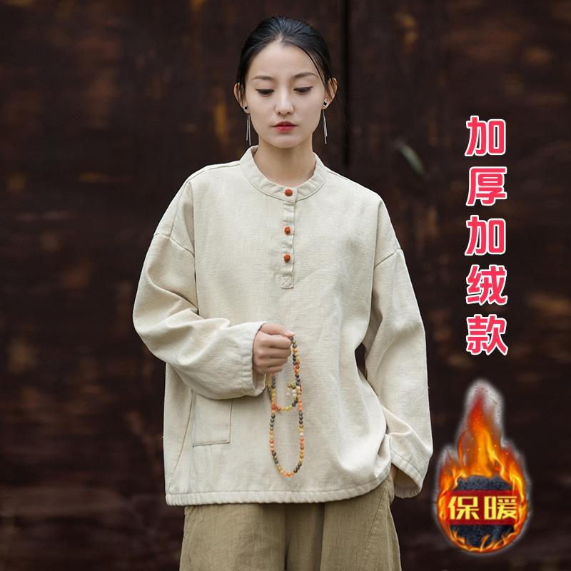 棉麻禅意加绒上衣女秋冬新款中式苎麻撞色盘扣衬衫加厚保暖套头衫