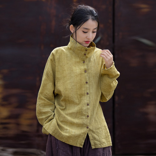 苎麻扎染高领上衣女禅意茶服外套