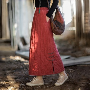 原创禅意女装 新款 禅修加厚保暖裙子棉裙 棉麻夹棉半身裙冬季 新中式