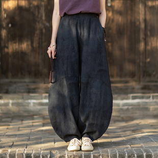 禅意佛系打坐练功裤 棉麻晕染做旧灯笼裤 女原创复古高腰垂感弯刀裤