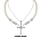 1JINN M2M小众双链条珍珠蛇骨拼接十字架轻奢项链高级叠戴配饰