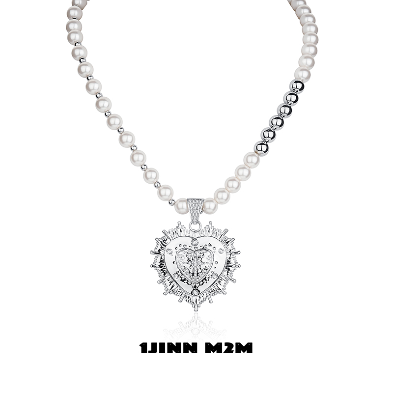 1JINN M2M 复古哥特朋克爱心吊坠项链珍珠拼接不规则轻奢镶钻配饰