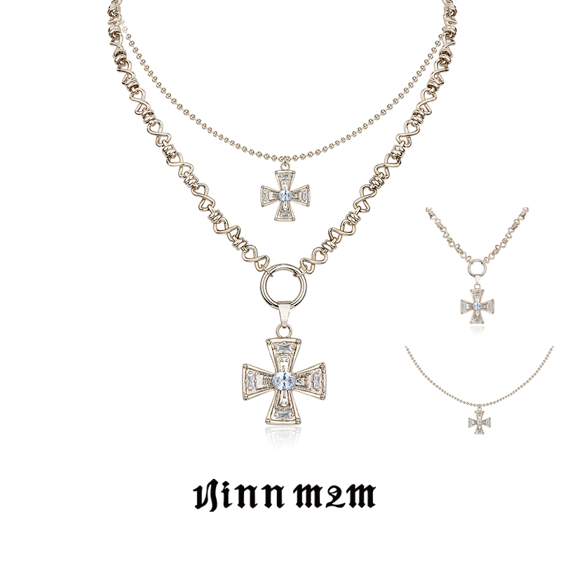 1JINN M2M 复古叠戴四方十字架项链女款轻奢百搭锁骨链毛衣链