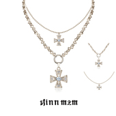 复古叠戴四方十字架项链女款 1JINN M2M 轻奢百搭锁骨链毛衣链