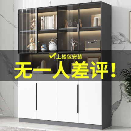 书柜带玻璃门轻奢定制客厅一体整墙到顶储物柜实木手办酒柜展示柜