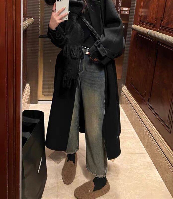 古水洗直筒牛仔早春高腰九分裤