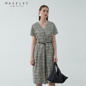 Maseley/玛塞莉时尚v领连衣裙夏款复古高级显瘦气质裙子女